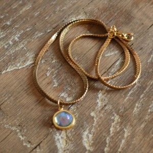 Gold Plated Necklace w/Vintage Chain & Glass Cabochon Setting